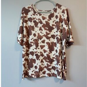 BomBom Women Brown‎ White Cow Print Short Sleeve Top Large TA1779 USA Made